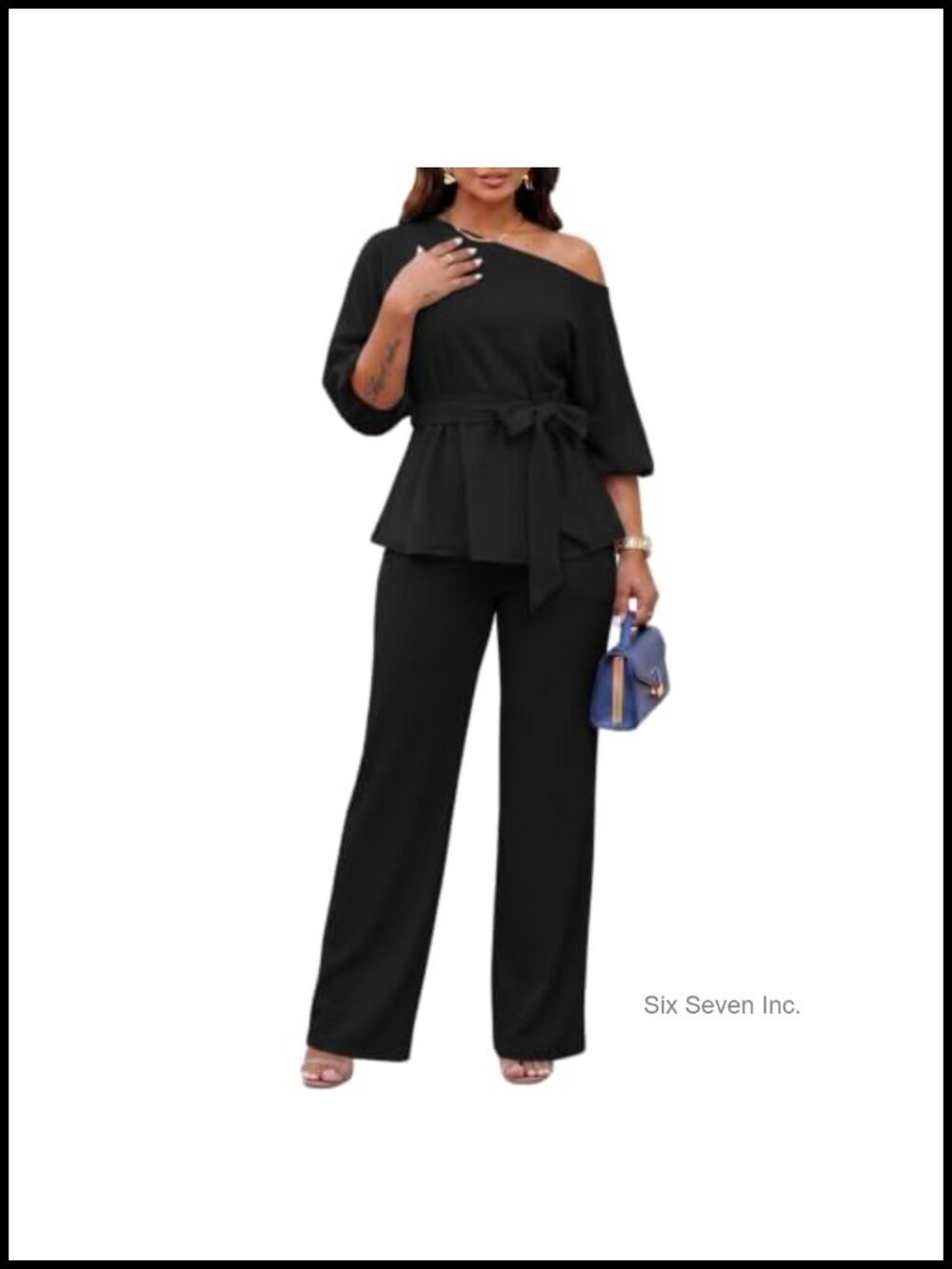 Asymmetrical Off Shoulder Peplum Top & Wide Leg Pants Set Polyester Spandex